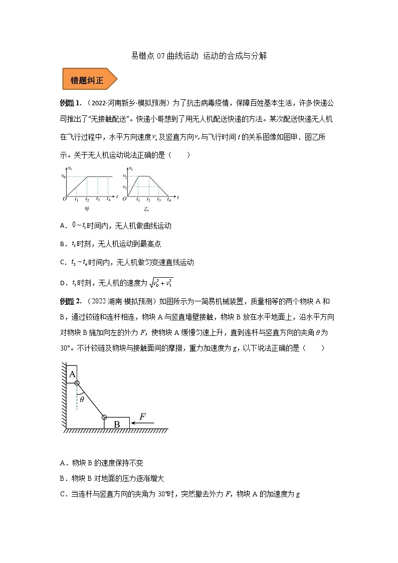 07  曲线运动 运动的合成与分解 ——【冲刺2023】高考物理考试易错题（全国通用）（原卷版+解析版）01