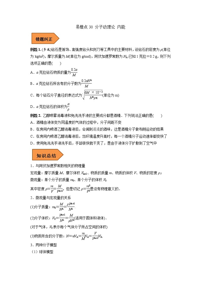 30 分子动理论 内能——【冲刺2023】高考物理考试易错题（全国通用）（原卷版+解析版）01