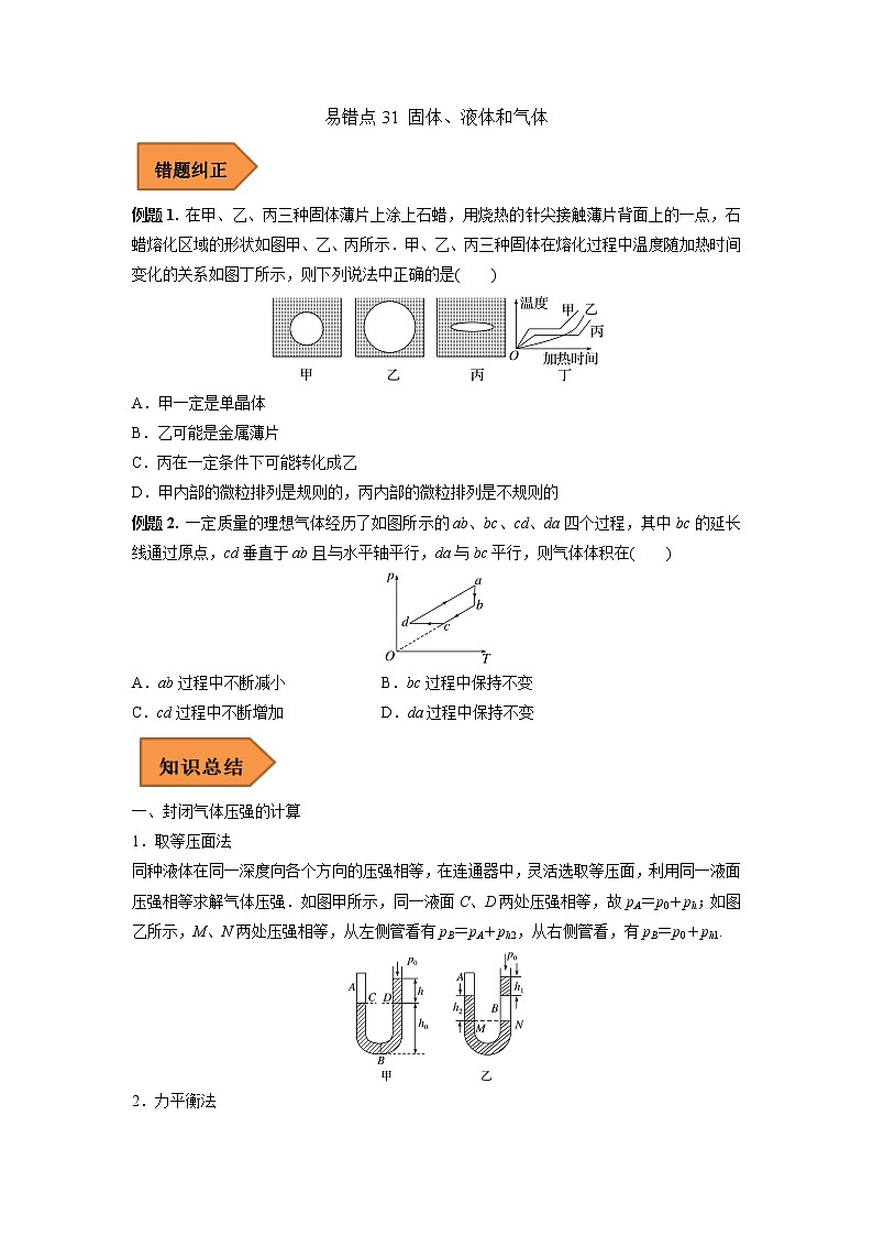 31 固体、液体和气体——【冲刺2023】高考物理考试易错题（全国通用）（原卷版+解析版）01