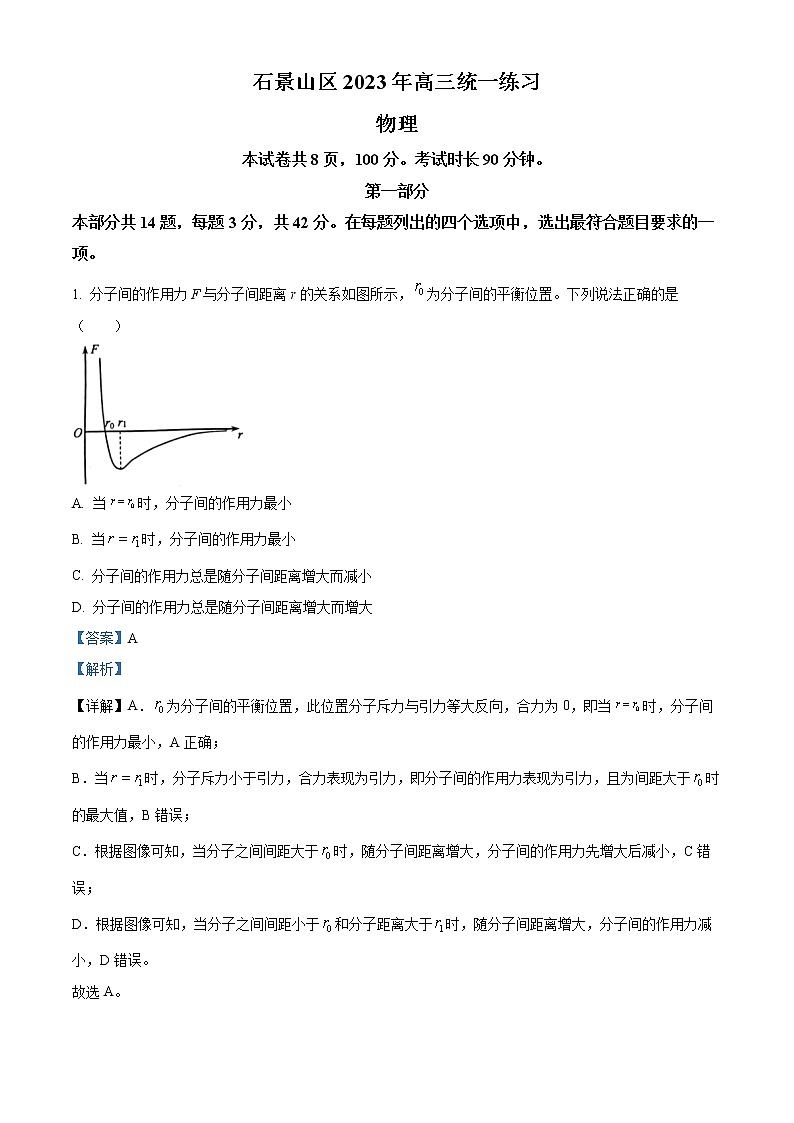 2023届北京石景山区高三一模物理试卷及答案01