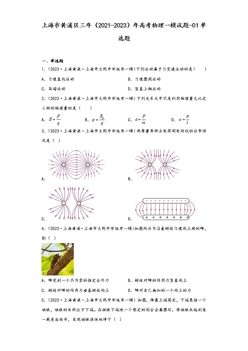 上海市黄浦区三年（2021-2023）年高考物理一模试题-01单选题01