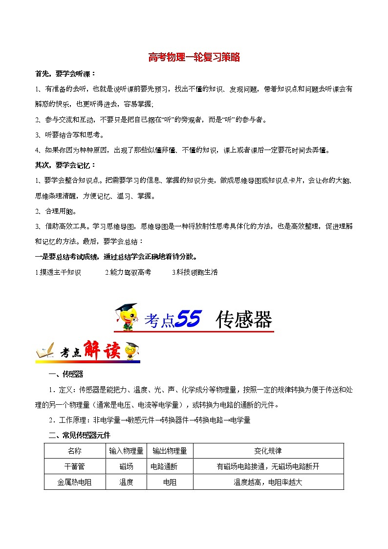 高考物理考点一遍过 考点55 传感器 试卷01