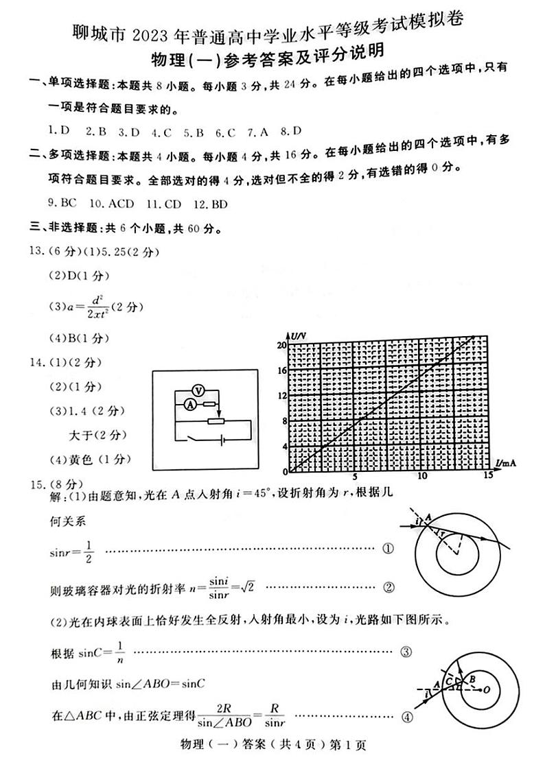 山东省聊城市2023届高三一模 物理试题及答案01