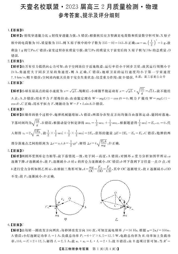 2023届湖南省天壹名校联盟高三2月联考物理试题PDF版含答案01