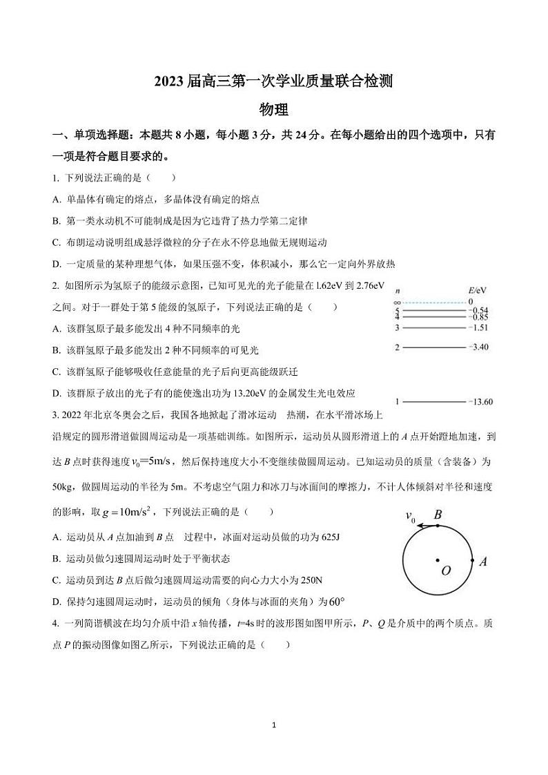 2023届山东省齐鲁名校大联考高三上学期第一次学业质量联合检测 物理（PDF版）第1页