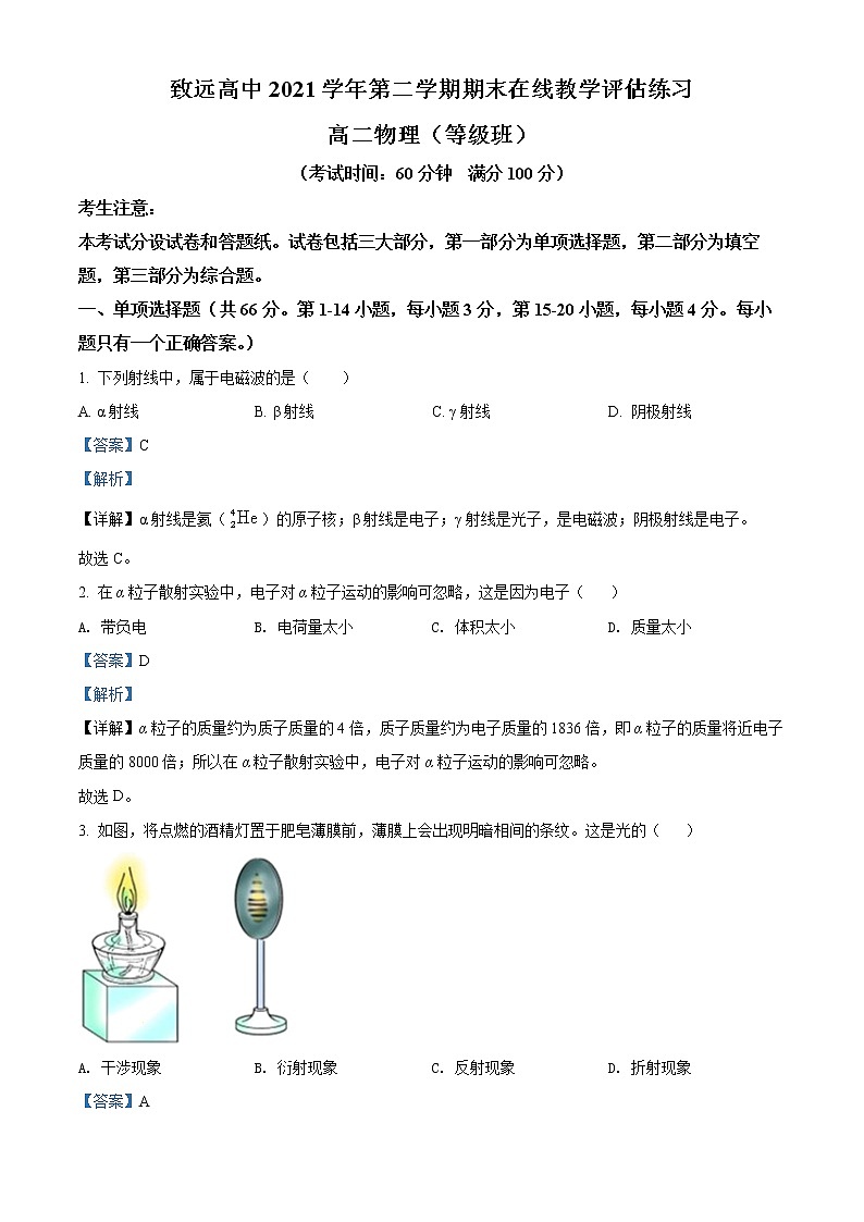 2021-2022学年上海奉贤区致远高级中学高二下学期期末在线教学评估物理试题（等级考） （解析版）第1页
