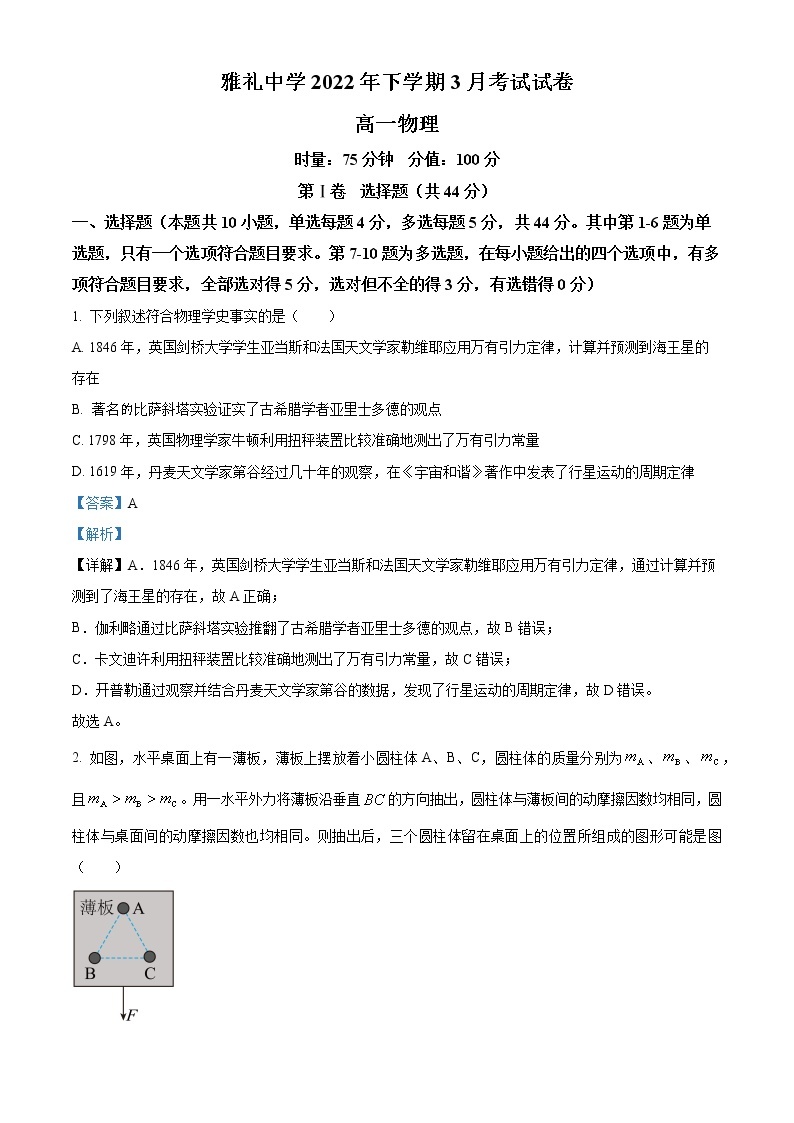 2022-2023学年湖南省长沙市雅礼中学高一下学期3月第一次月考物理试题01
