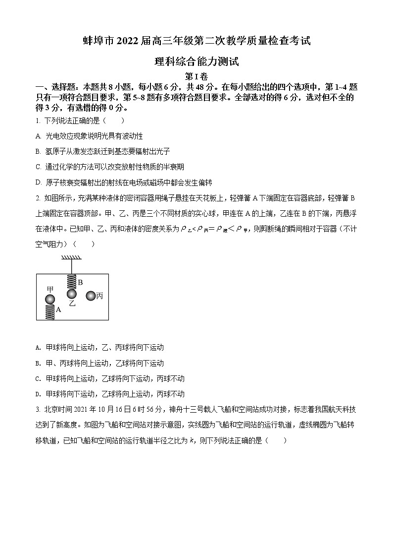 安徽省蚌埠市2021-2022学年高三上学期第二次教学质量检查理综物理试题  Word版无答案第1页
