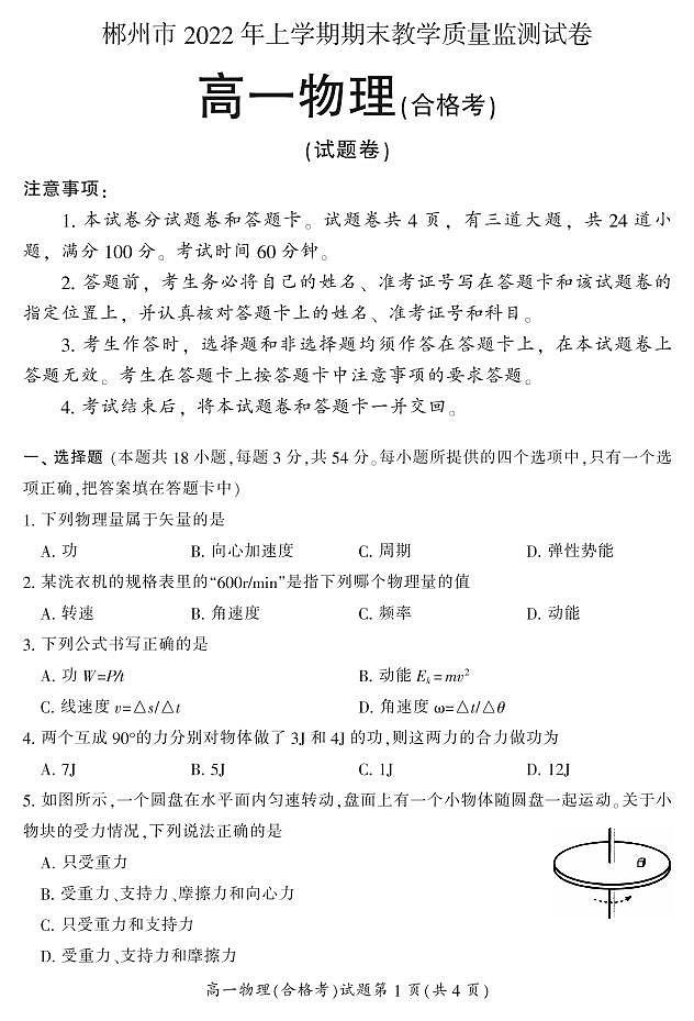 2021-2022学年湖南省郴州市高一上学期期末教学质量监测物理试题 （合格考） PDF版含答案01