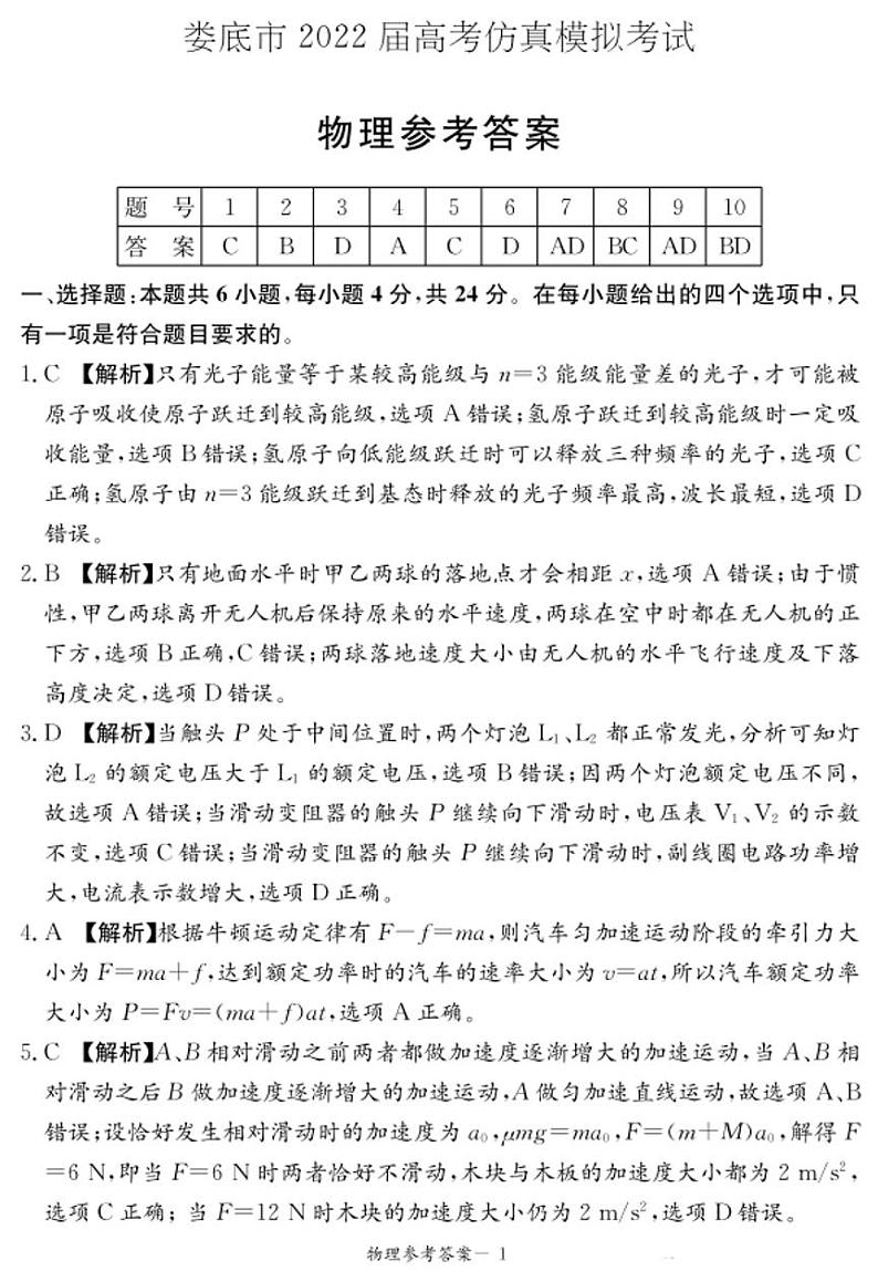 2022届湖南省娄底市高三下学期4月高考仿真模拟考试物理试题（PDF版含答案）01