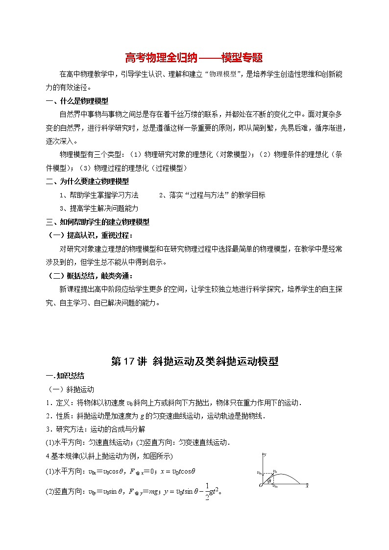 高考物理模型全归纳  第17讲 斜抛运动及类斜抛运动模型 试卷01