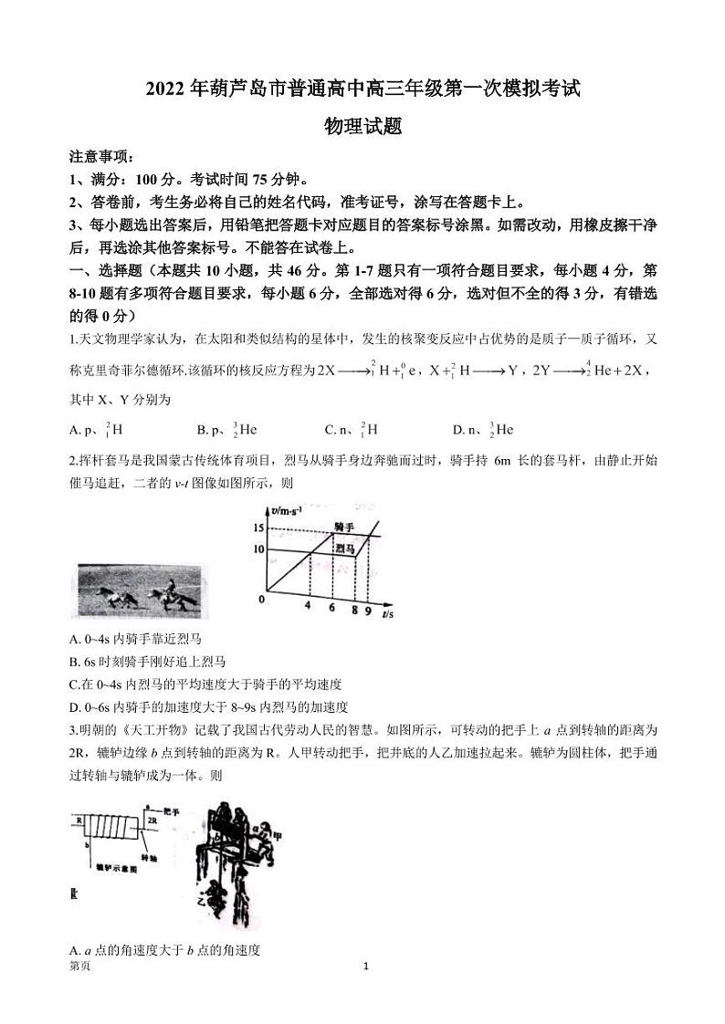 2022届辽宁省葫芦岛市普通高中高三下学期4月第一次模拟考试物理试题（PDF版）01