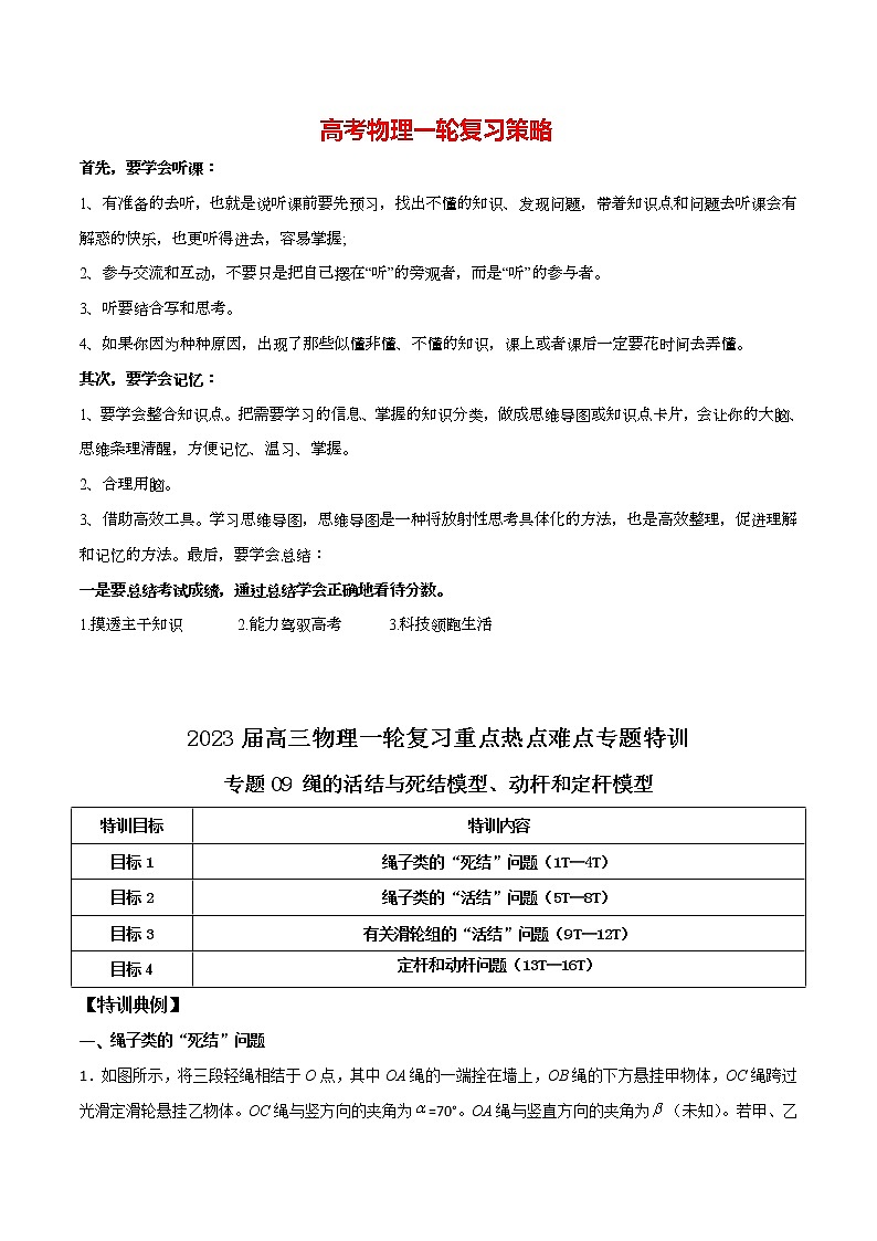 高考物理一轮复习【专题练习】 专题09 绳的活结与死结模型、动杆和定杆模型01