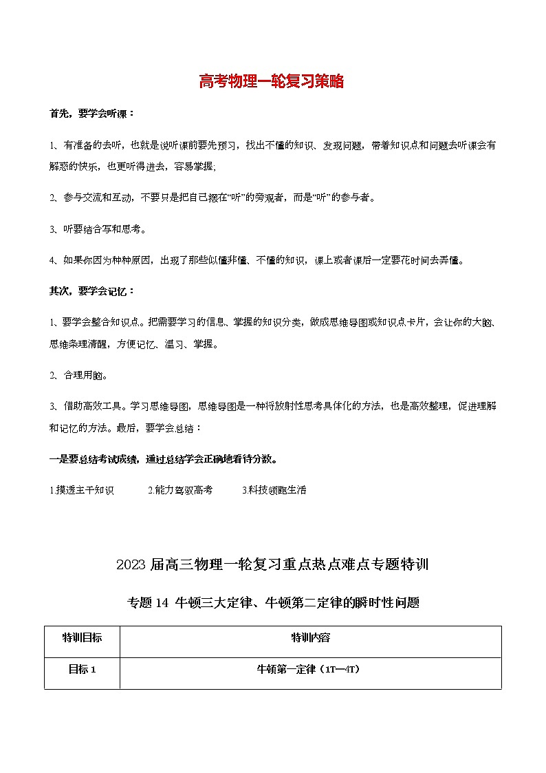 高考物理一轮复习【专题练习】 专题14 牛顿三大定律、牛顿第二定律的瞬时性问题01