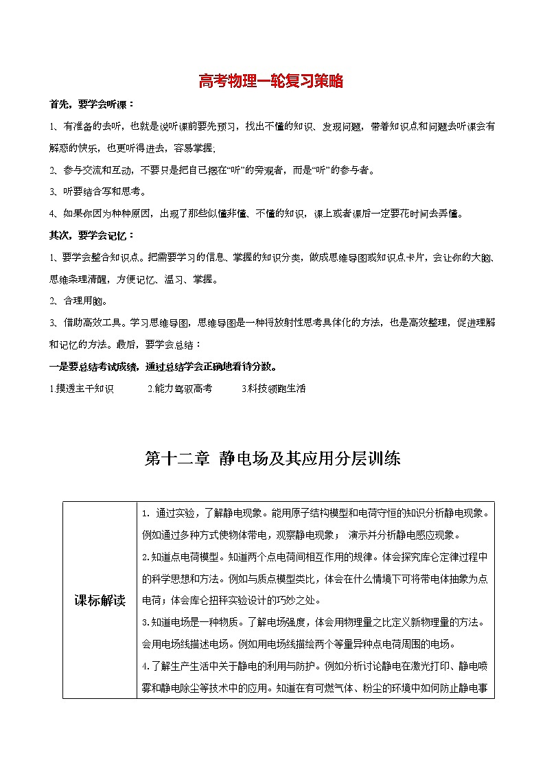 高考物理一轮复习【分层练习】  第12章 静电场及其应用01