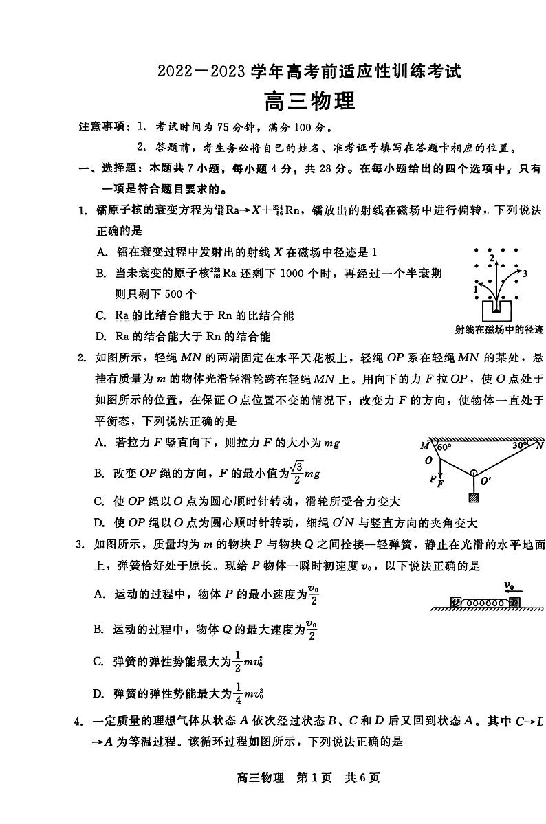 2023届河北省高三下学期高考前适应性考试物理第1页