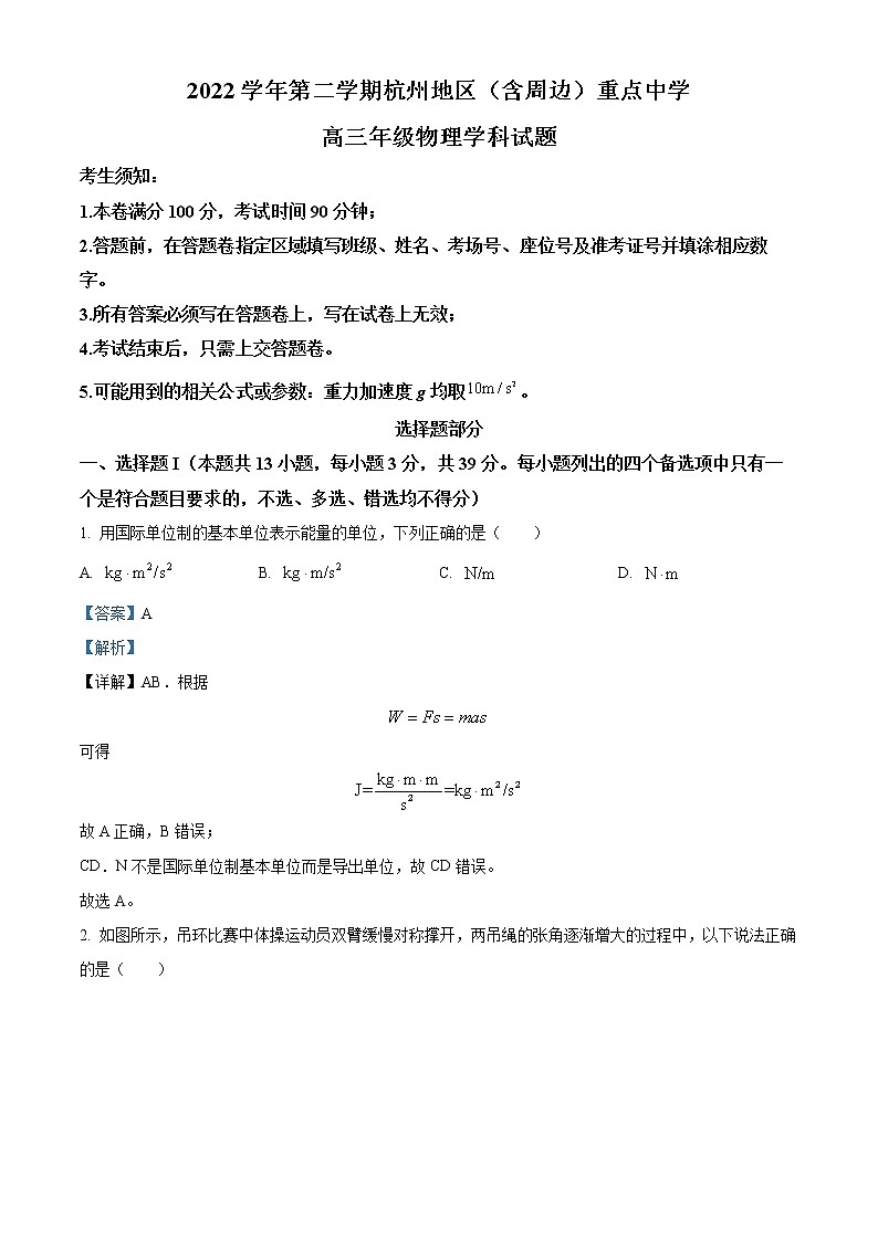2023杭州地区（含周边）重点中学高三上学期期末物理试题含解析01