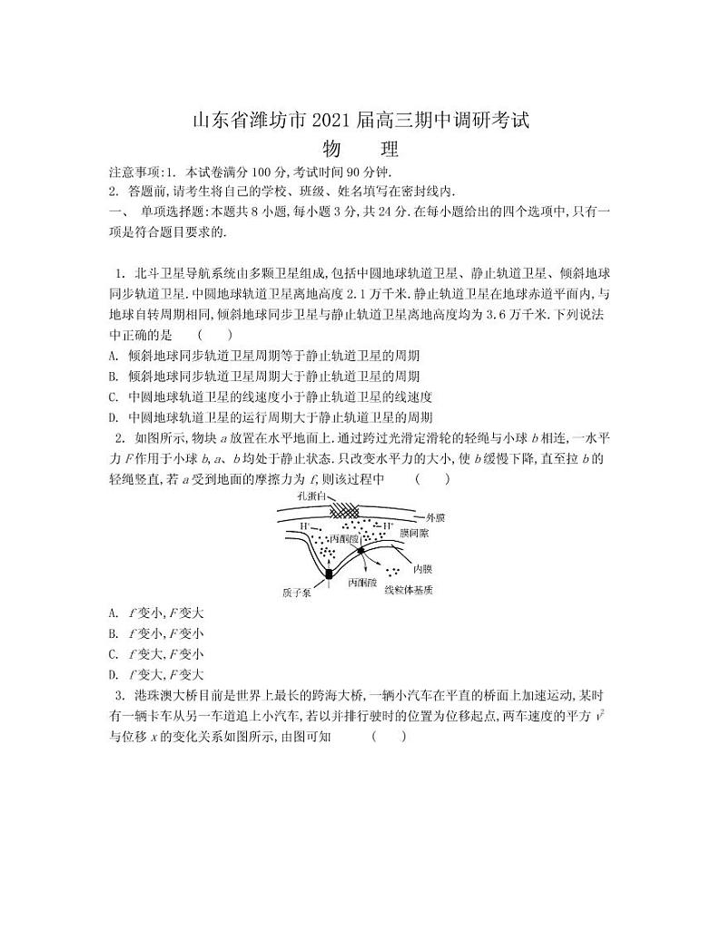 2021届山东省潍坊市高三上学期期中考试 物理 PDF版第1页