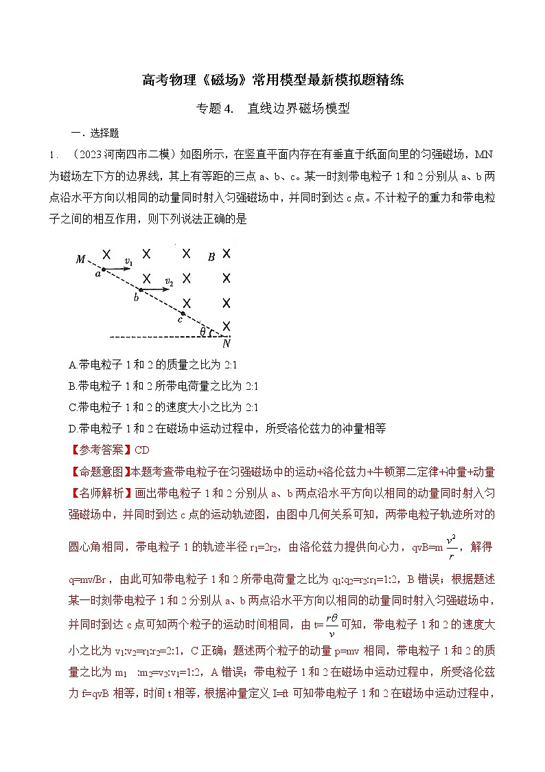 专题04 直线边界磁场模型-高考物理磁场常用模型最新模拟题精练01