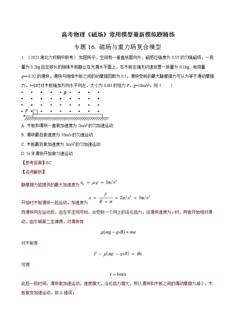 专题16 磁场与重力场复合场模型-高考物理磁场常用模型最新模拟题精练01