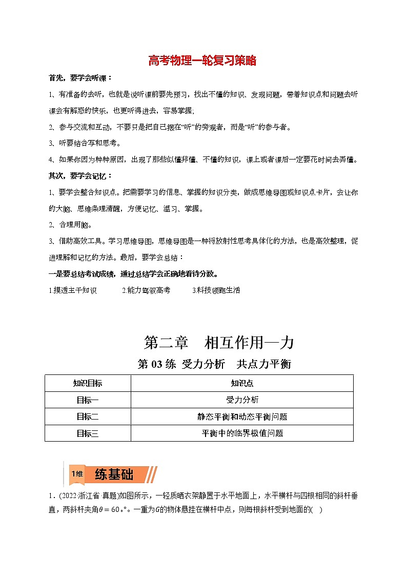 高考物理一轮复习【小题狂练】 第03练 受力分析　共点力平衡01