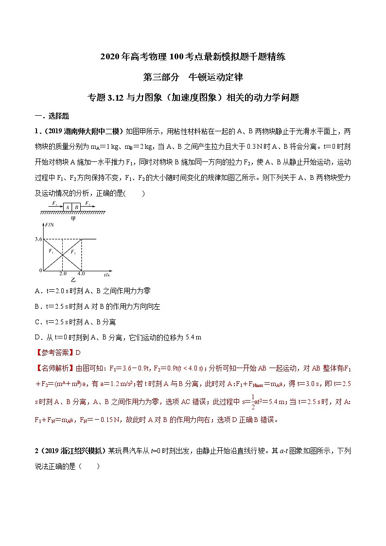 高考物理模拟题练习 专题3.12 与力图象（加速度图象）相关的动力学问题（解析版）01