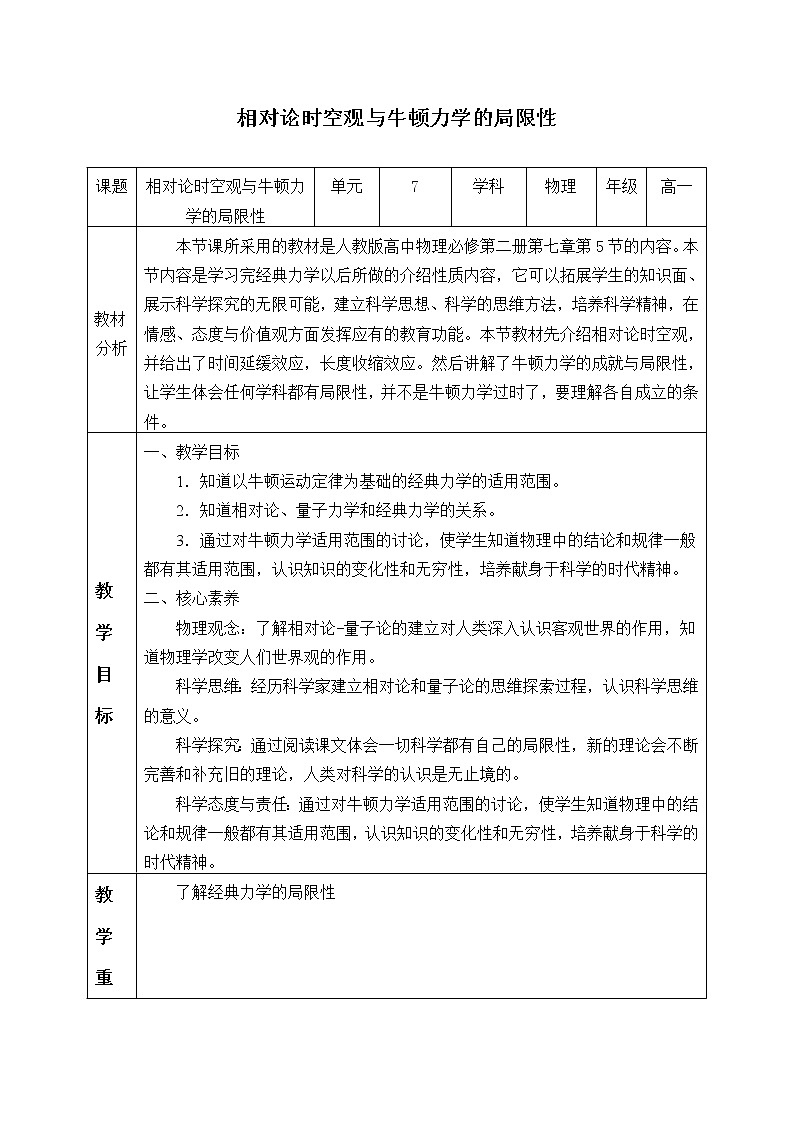 新课标高中物理：(教案)相对论时空观与牛顿力学的局限性第1页