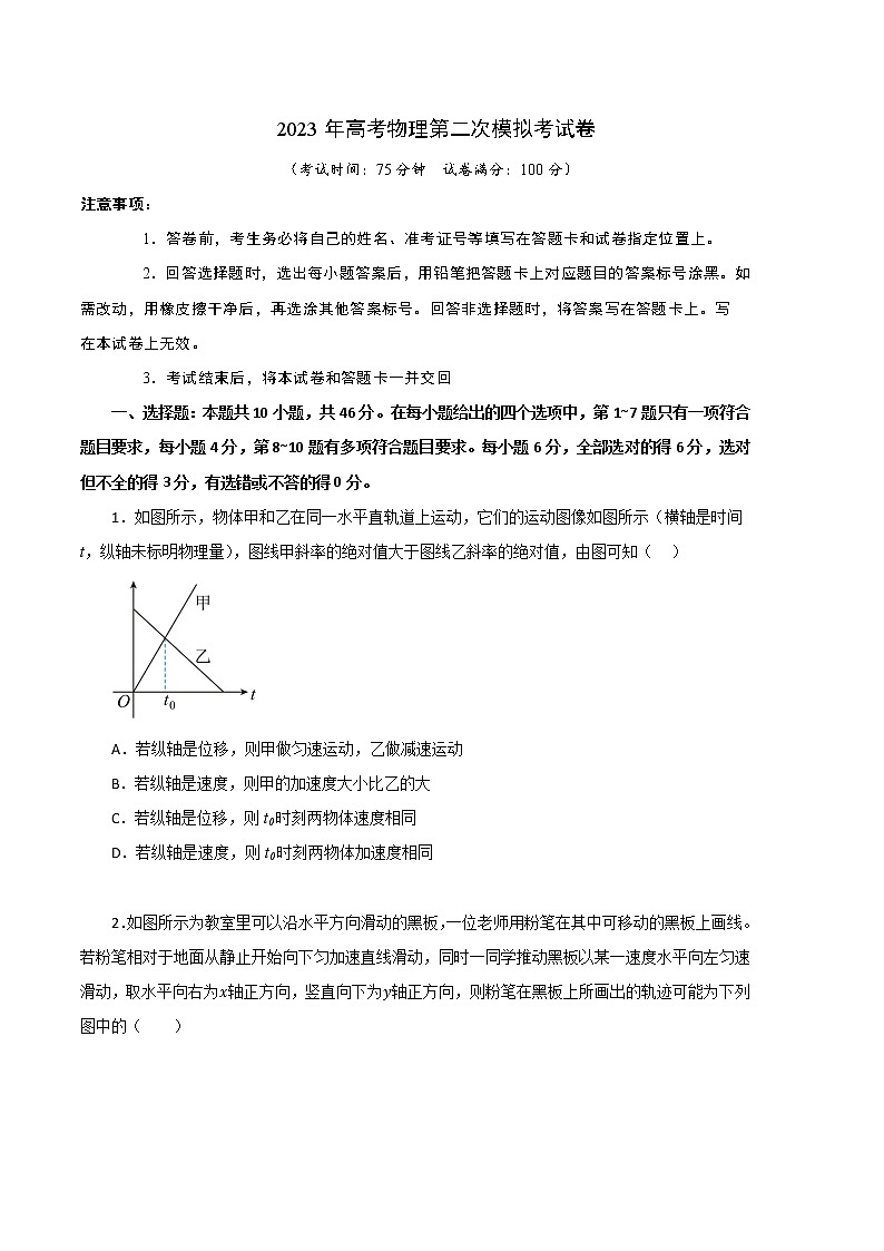 2023年高考物理第二次模拟考试卷（辽宁A卷）（考试版）A4第1页