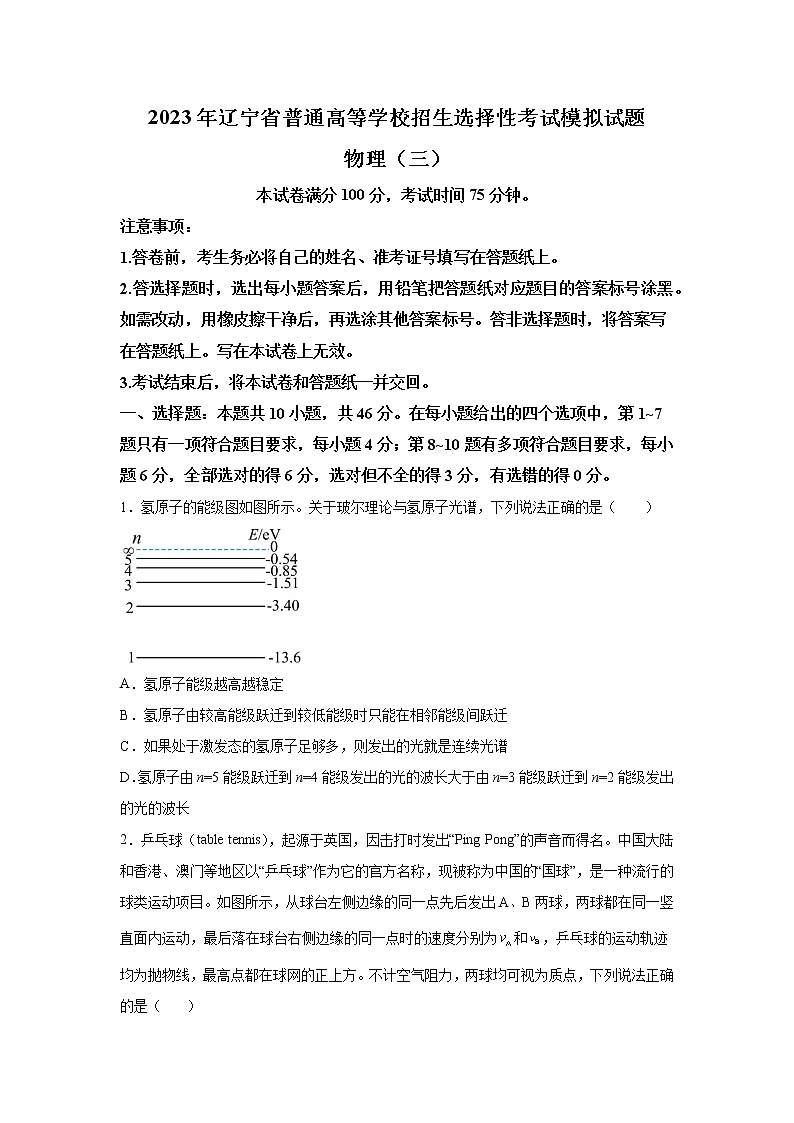2022-2023学年辽宁省实验中学名校联盟高三上学期1月高考模拟调研卷（三）物理（解析版）01