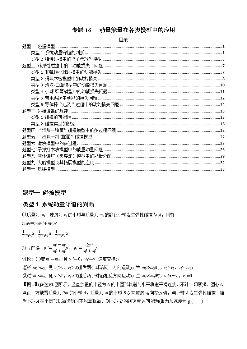 专题16   动量能量在各类模型中的应用（解析版）01