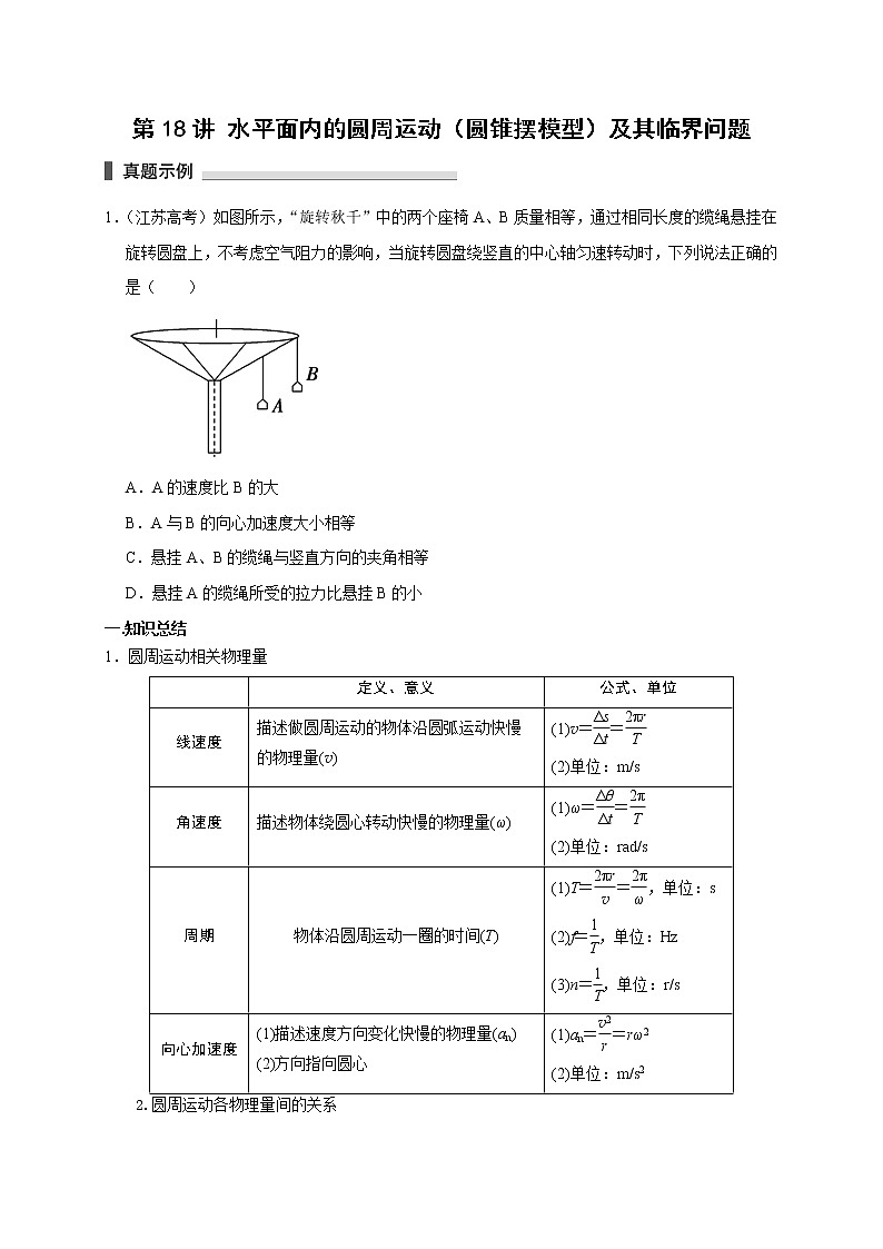 第18讲 水平面内的圆周运动（圆锥摆模型）及其临界问题（原卷版）01