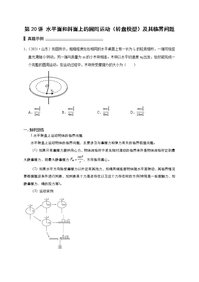 第20讲 水平面和斜面上的圆周运动（转盘模型）及其临界问题（原卷版）01