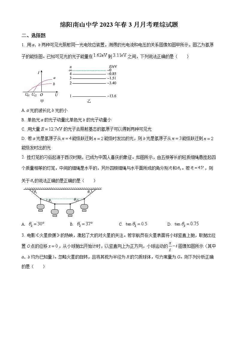 2022-2023学年四川省绵阳南山中学高三下学期3月月考物理试题（原卷 解析版）01