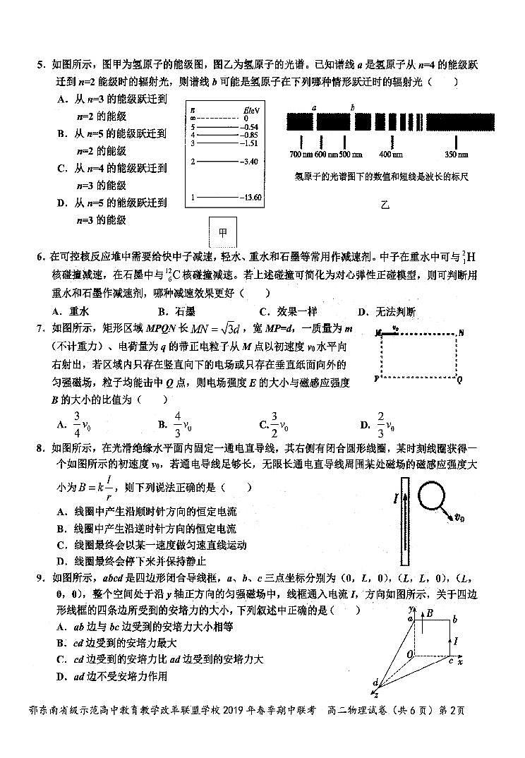 2018-2019学年湖北省鄂东南省级示范高中教育教学改革联盟高二下学期期中考试物理试题（PDF版）第2页