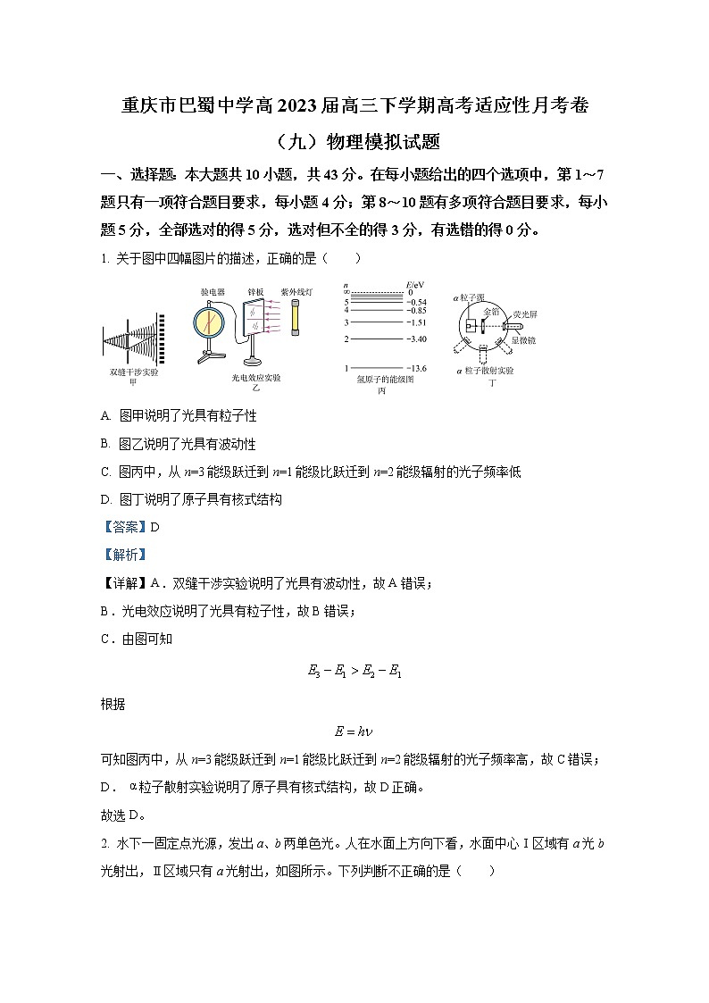 重庆市巴蜀中学2022-2023学年高三物理下学期高考适应性月考卷（九）模拟试题1（Word版附解析）01