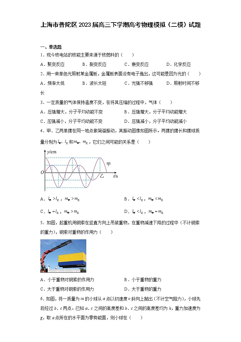 上海市普陀区2023届高三下学期高考物理模拟（二模）试题（原卷+解析）01