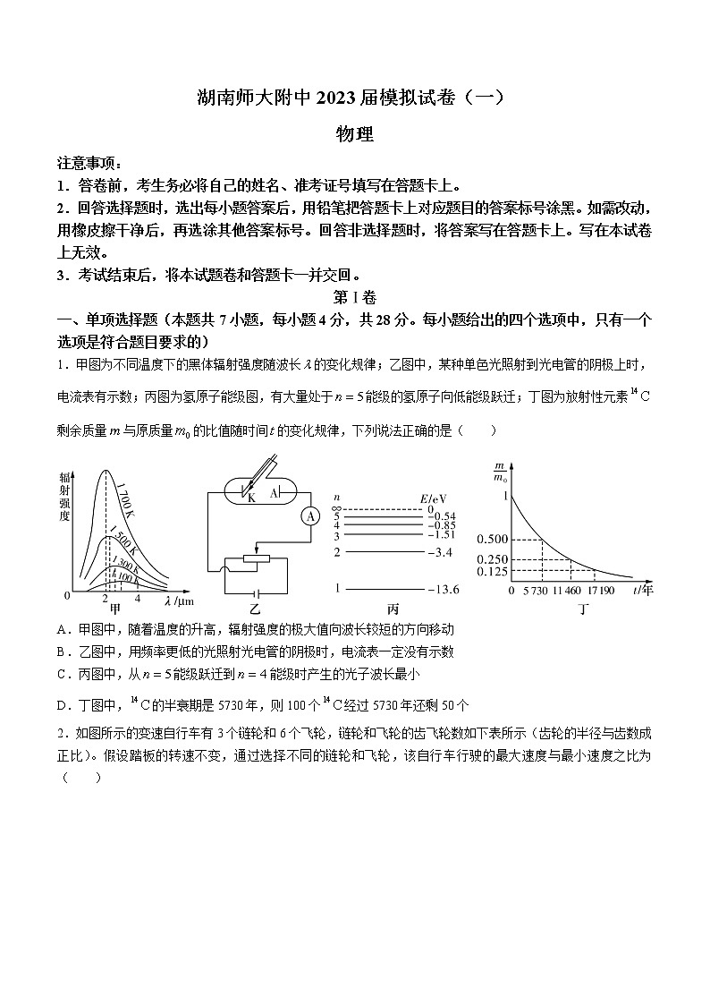 2023届湖南省湖南师大附高高三下学期3月模拟试卷（一）物理试题（解析版）第1页