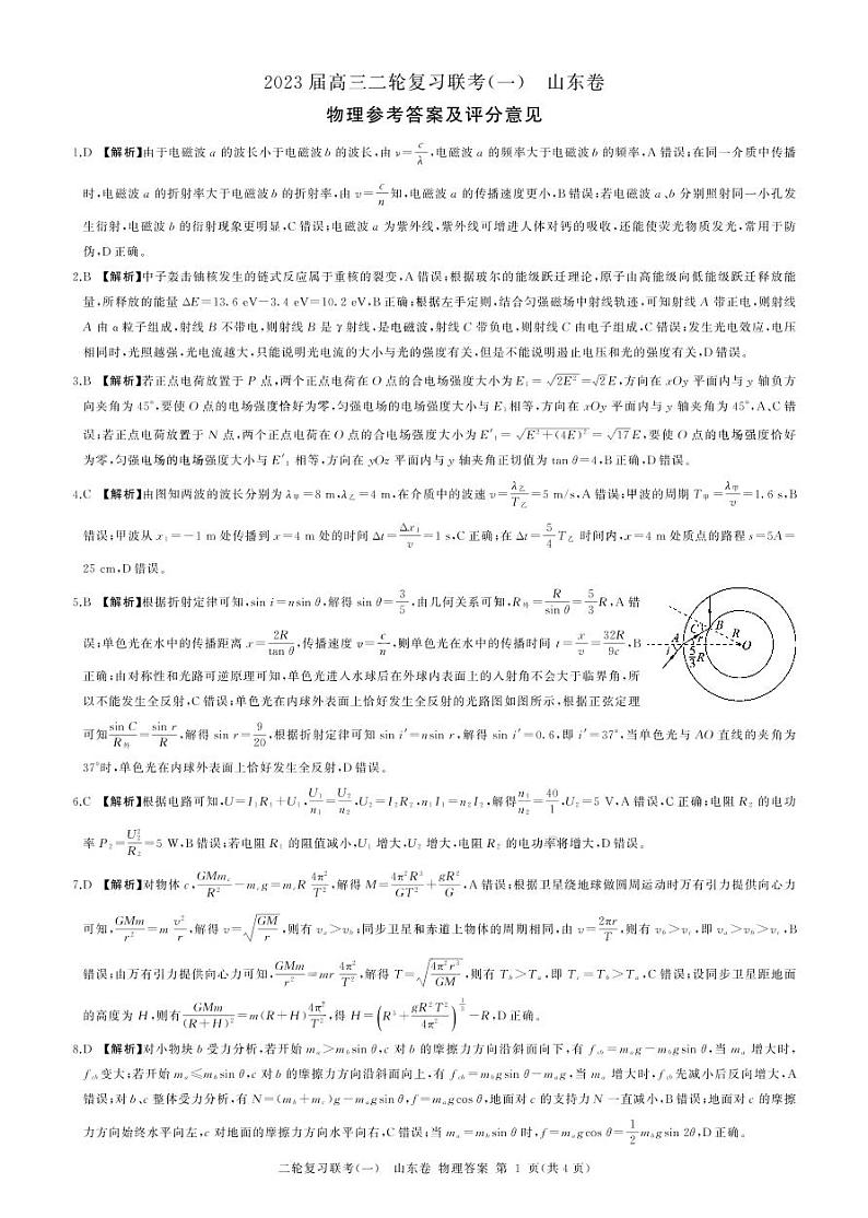 2023届山东省部分学校高三下学期二轮复习联考(一)二轮一物理(山东)答案第1页