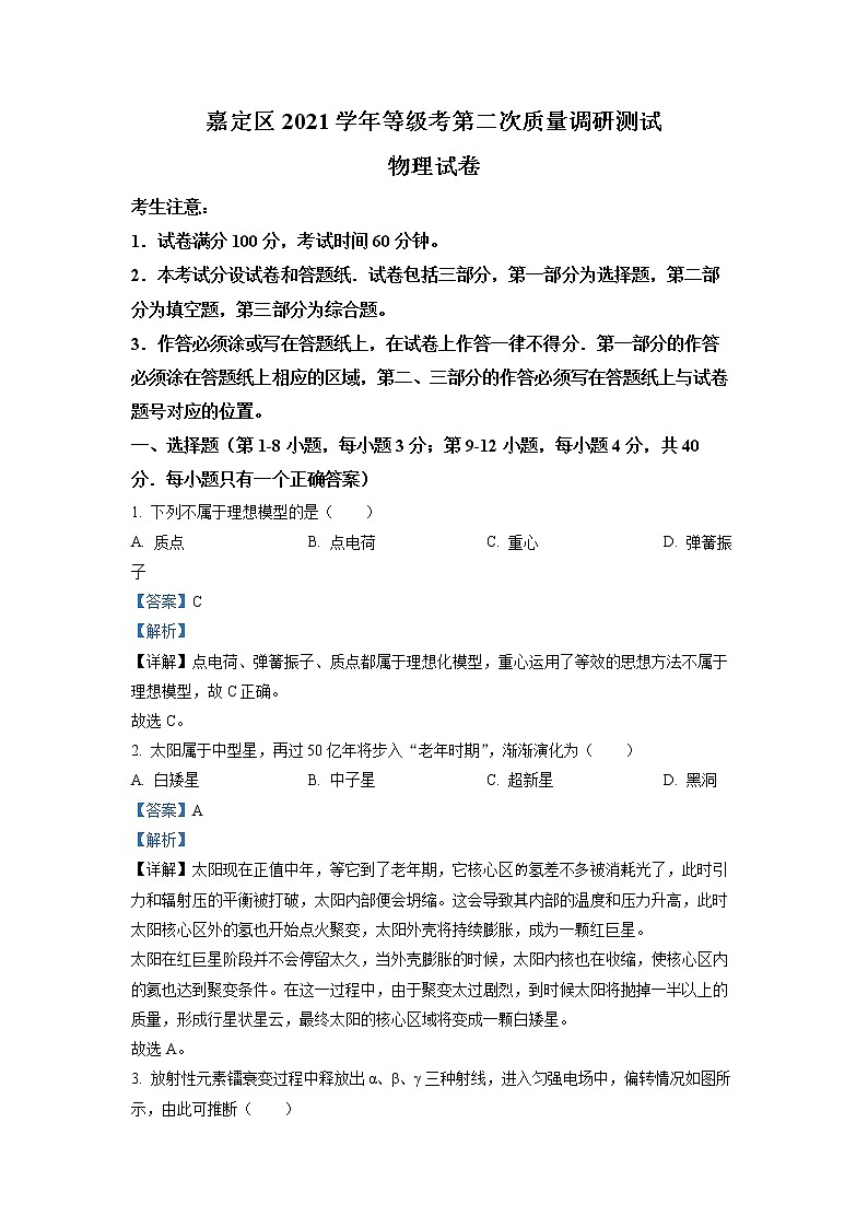 上海市嘉定区2022届高三物理二模试题（Word版附解析）第1页