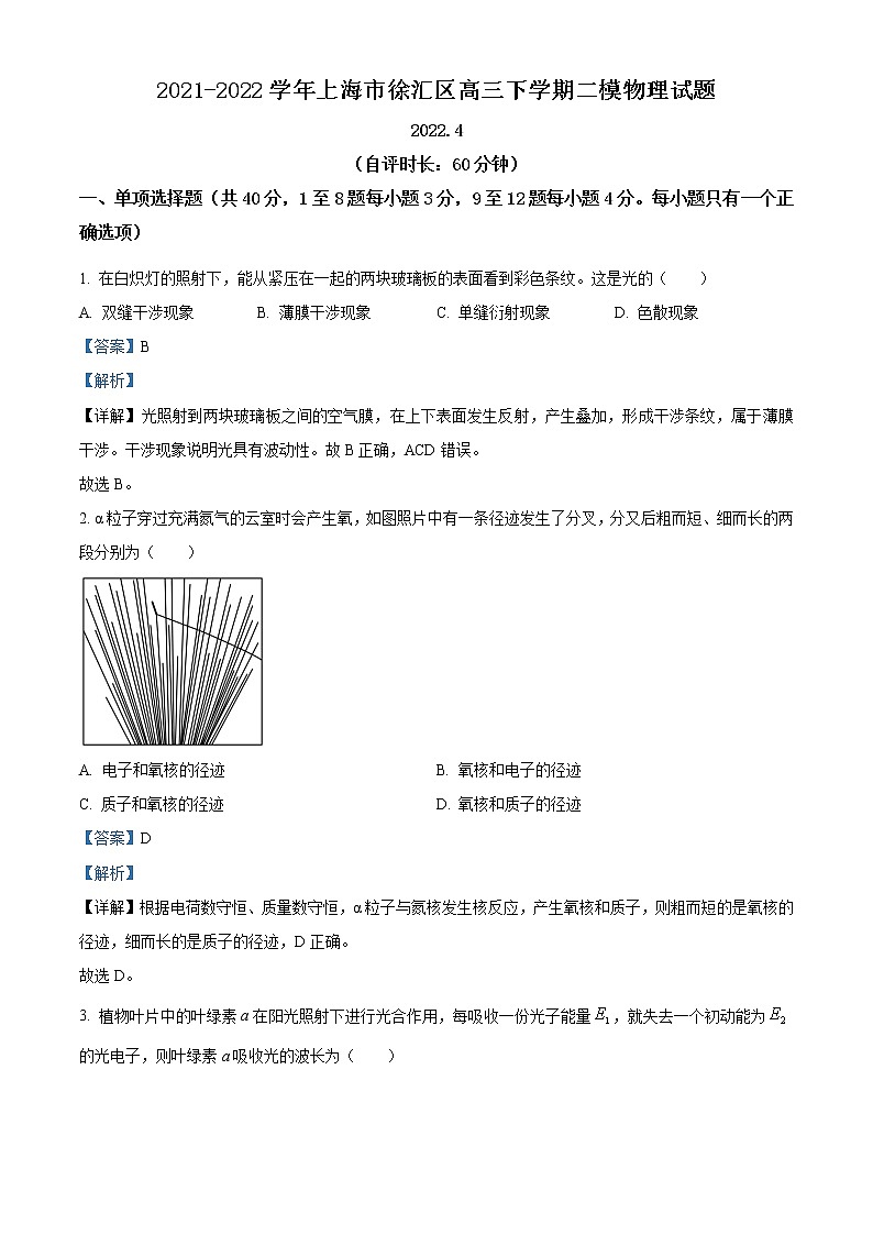 2021-2022学年上海市徐汇区高三下学期二模物理试题（解析版）01
