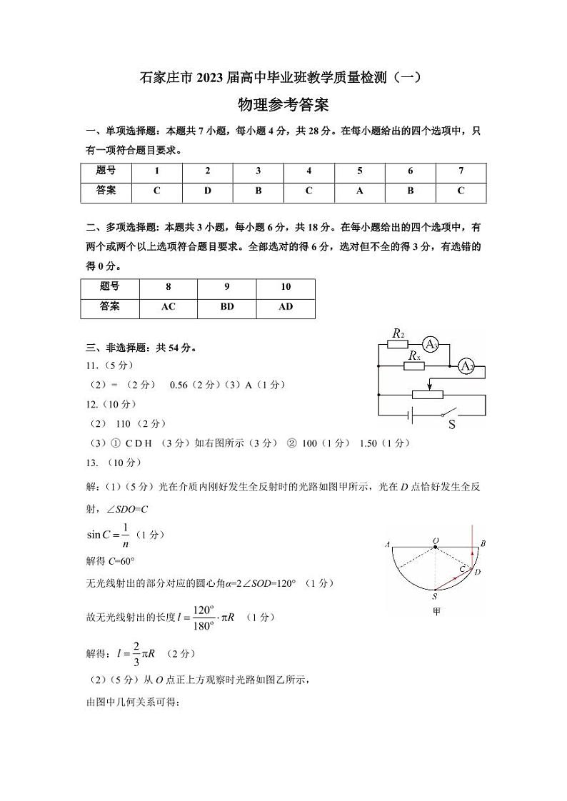 2023届河北省石家庄市高三下学期3月教学质量检测（一） 物理（PDF版）01