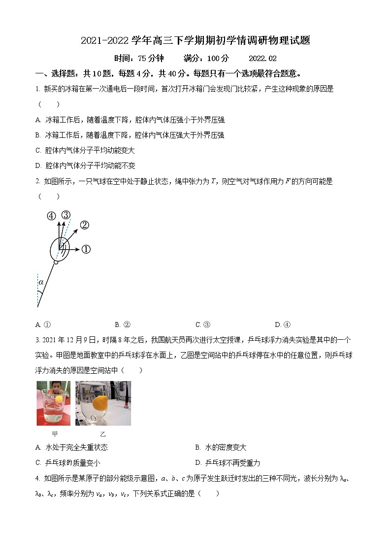 2022高邮高三下学期期初学情调研试题物理含解析01
