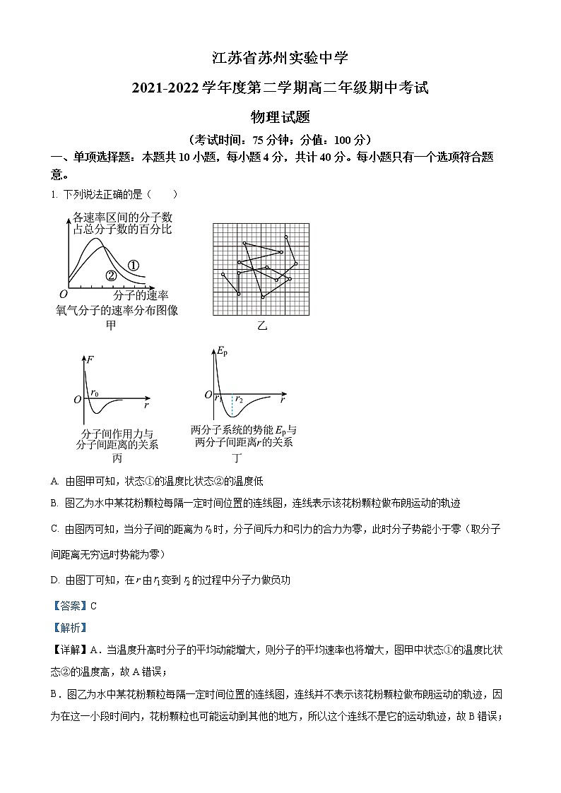 2021-2022学年江苏省苏州市实验中学高二下学期期中物理试题 （解析版）01