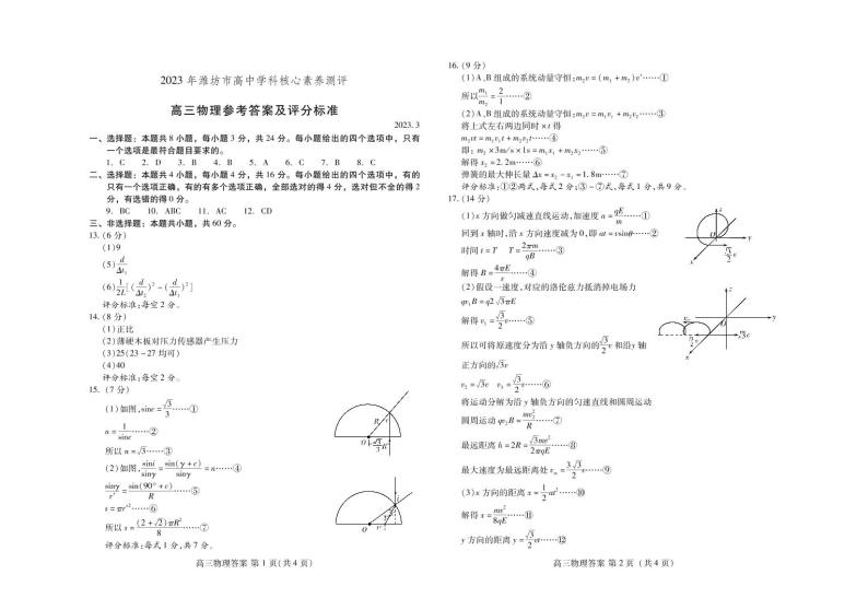 2023潍坊高三下学期3月学科核心素养测评试题物理PDF版含答案01