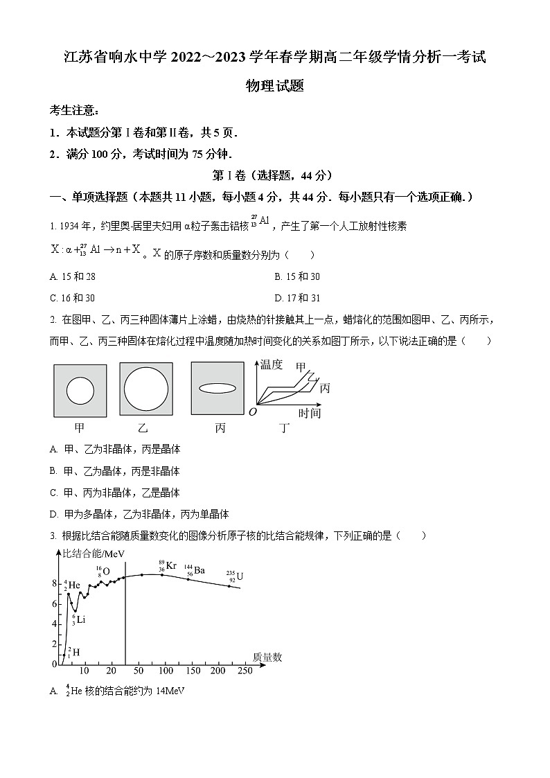 2023盐城响水中学高二下学期学情分析考试（一）物理试题含解析01