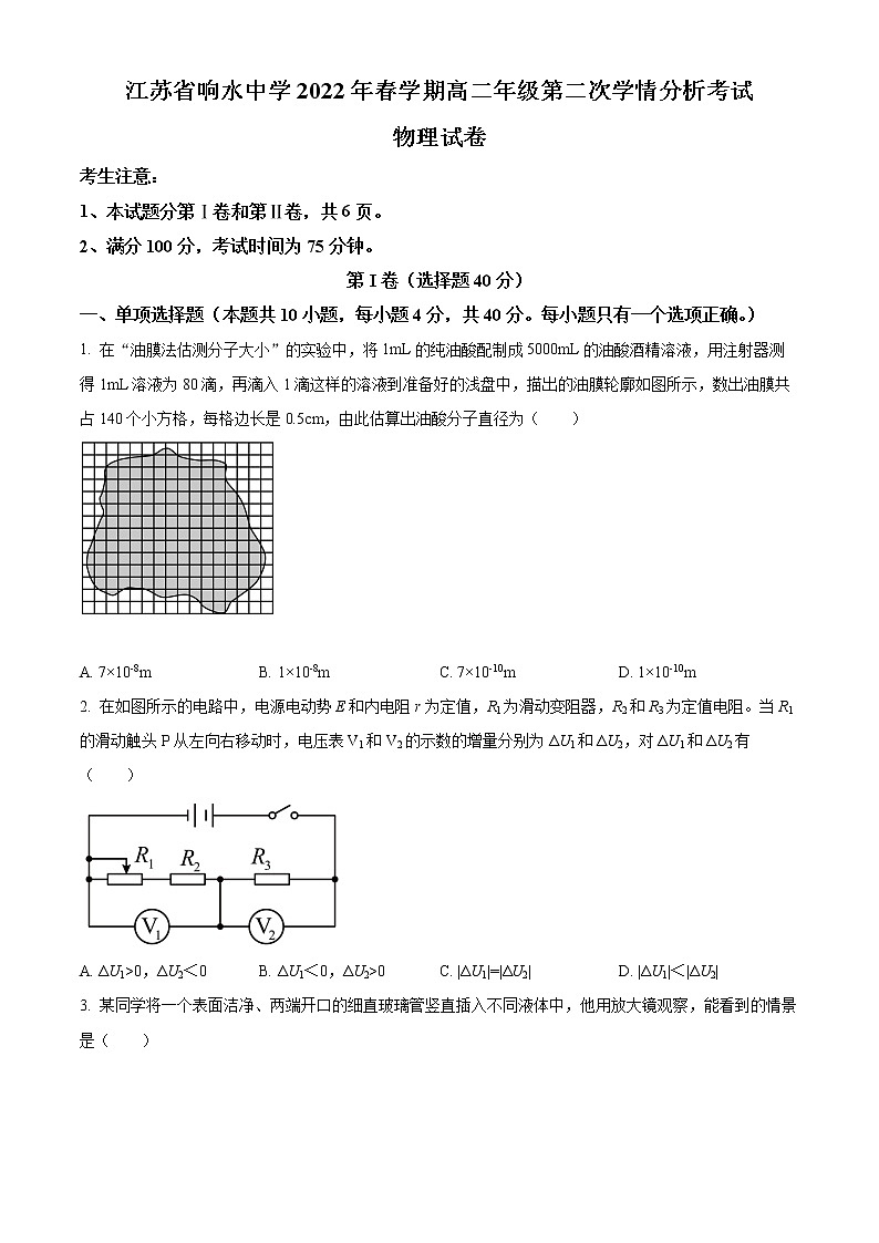 江苏省盐城市响水中学2021-2022学年高二（下）第二次学情分析考试物理试题无答案第1页