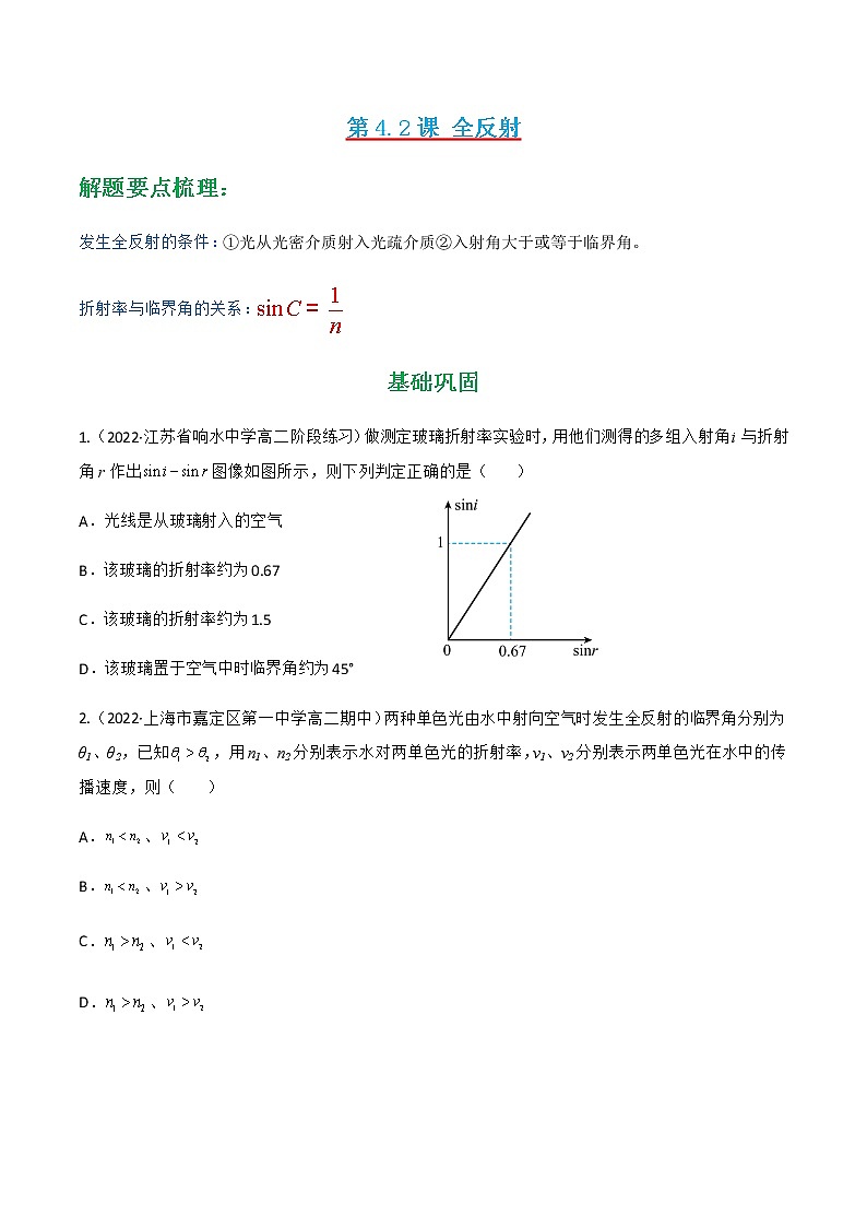 第4.2课 全反射（原卷版）-2022-2023学年高二物理同步精品课堂（人教版2019选择性必修第一册）第1页