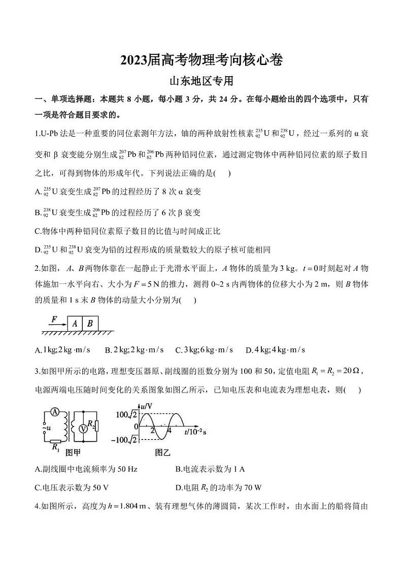 2022-2023学年山东省高三下学期高考考向核心卷（新高考） 物理（PDF版）第1页