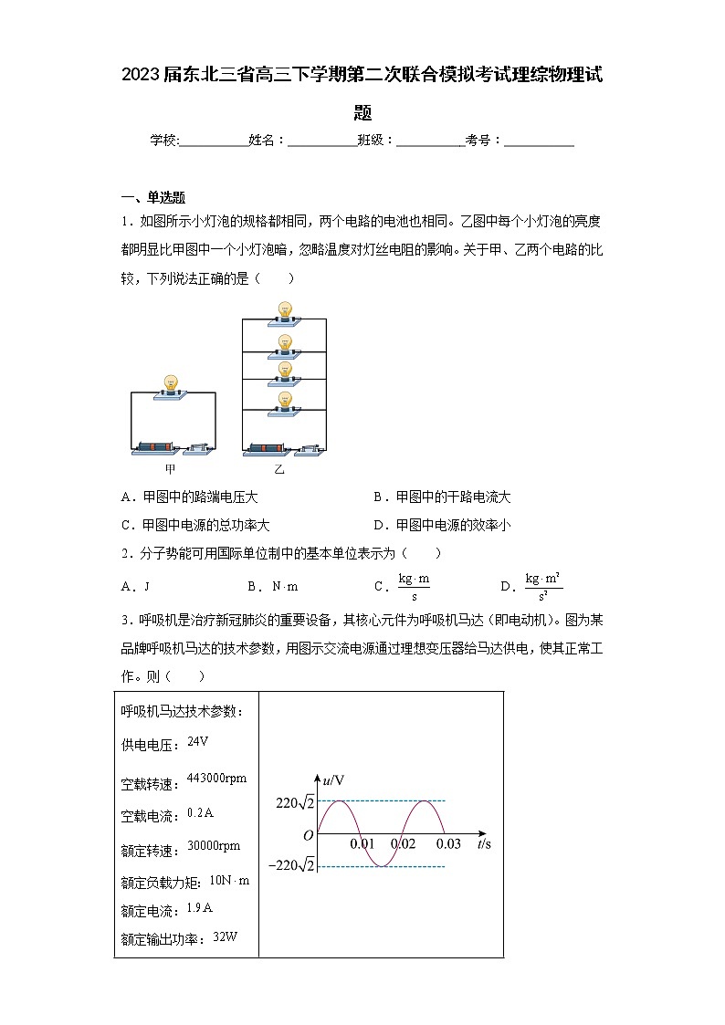 2023届东北三省高三下学期第二次联合模拟考试理综物理试题（含答案）第1页