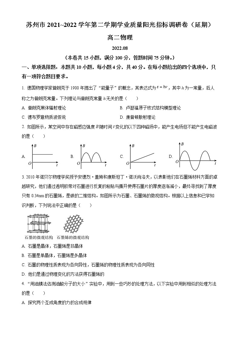 江苏省苏州市2021-2022学年高二下学期学业质量阳光指标调研物理试题无答案第1页
